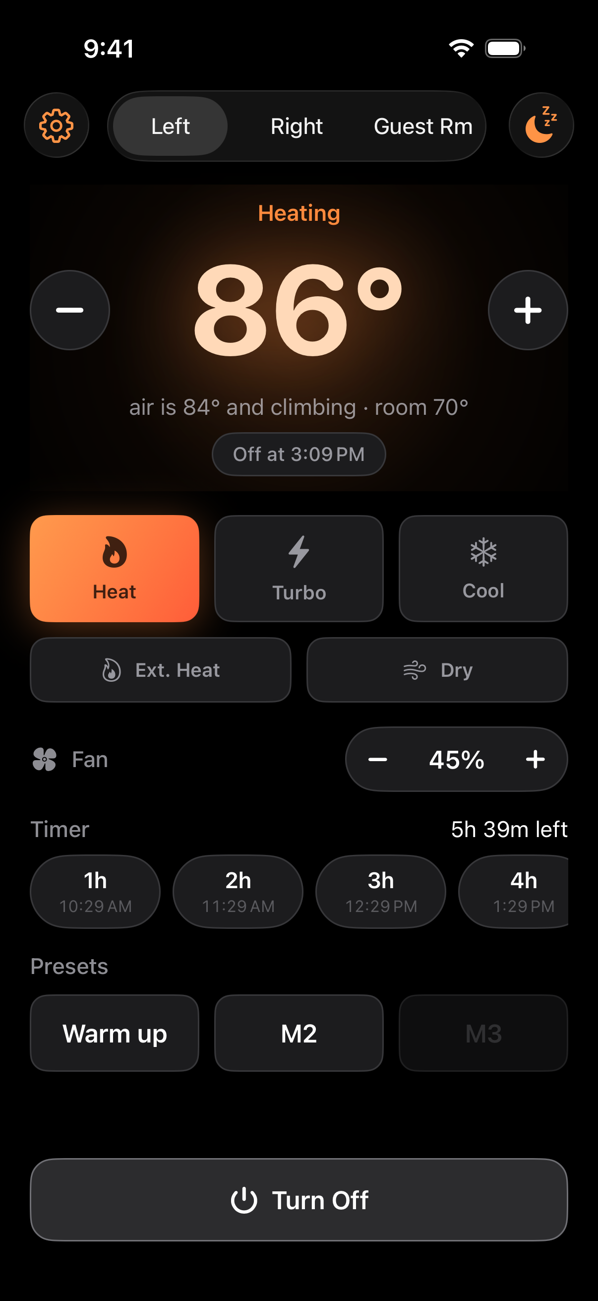BedPilot control screen. Heating to 86°, the air at 84° and climbing, off at 3:09 PM. Heat selected, Turbo, Cool, Extended Heat and Dry beside it, then fan, timer and presets.