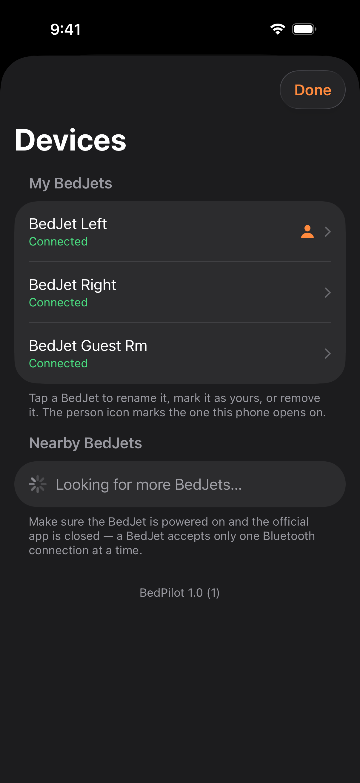 BedPilot device list. Three BedJets named Left, Right and Guest Rm, all connected, Left marked as this phone’s own.